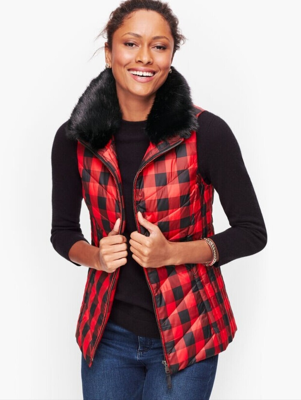 Talbots Buffalo Plaid Puffer Vest Faux Fur Collar Size L